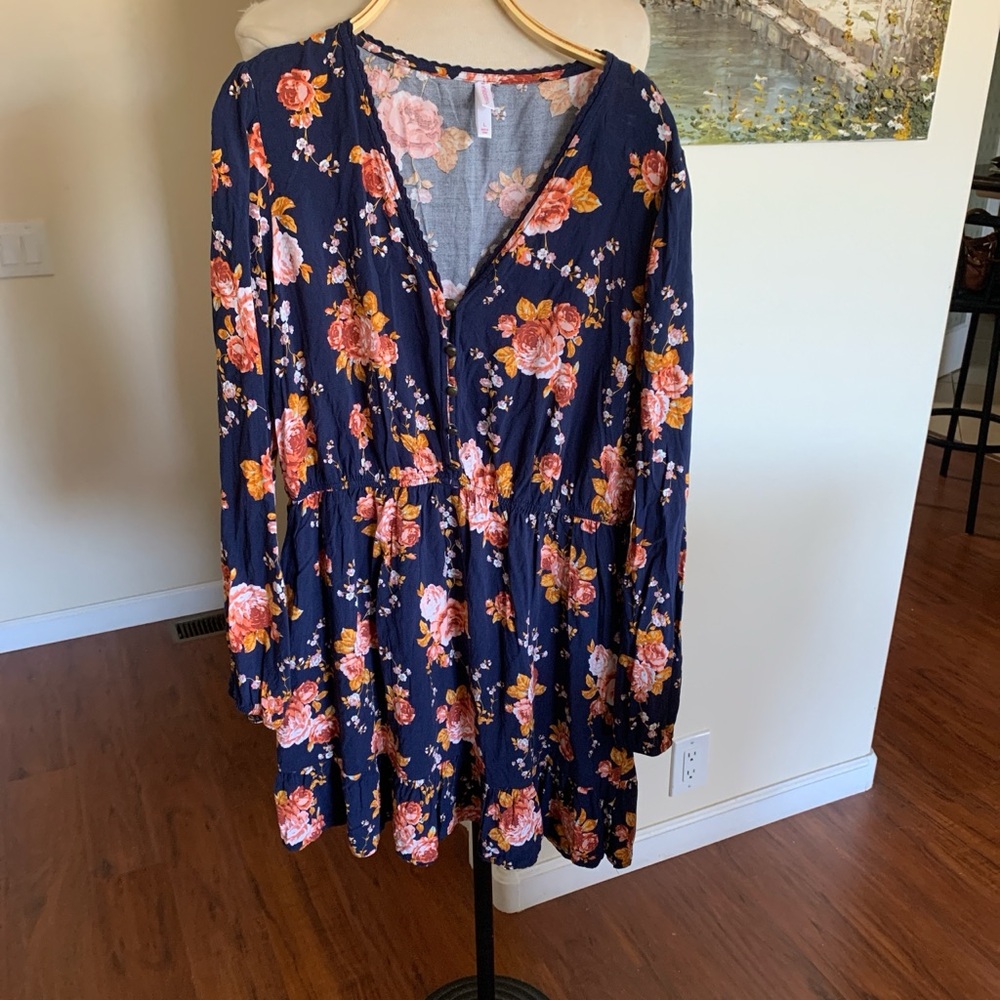 Xhilaration Navy and Pink Floral Long Sleeve rayon dress, with button yoke